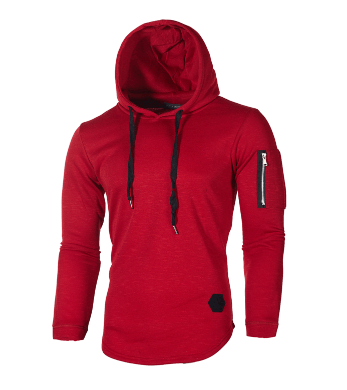 Solid color round neck hooded arm zipper stitching European and American long T-shirt