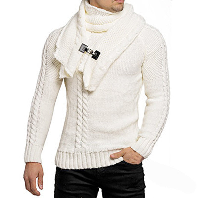 Slim Round Neck Sweater with Removable Leather Buckle Collar