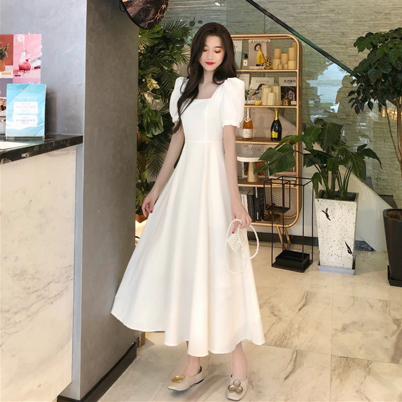 French Retro Long Skirt Temperament Waist Waist Square Collar Dress Women