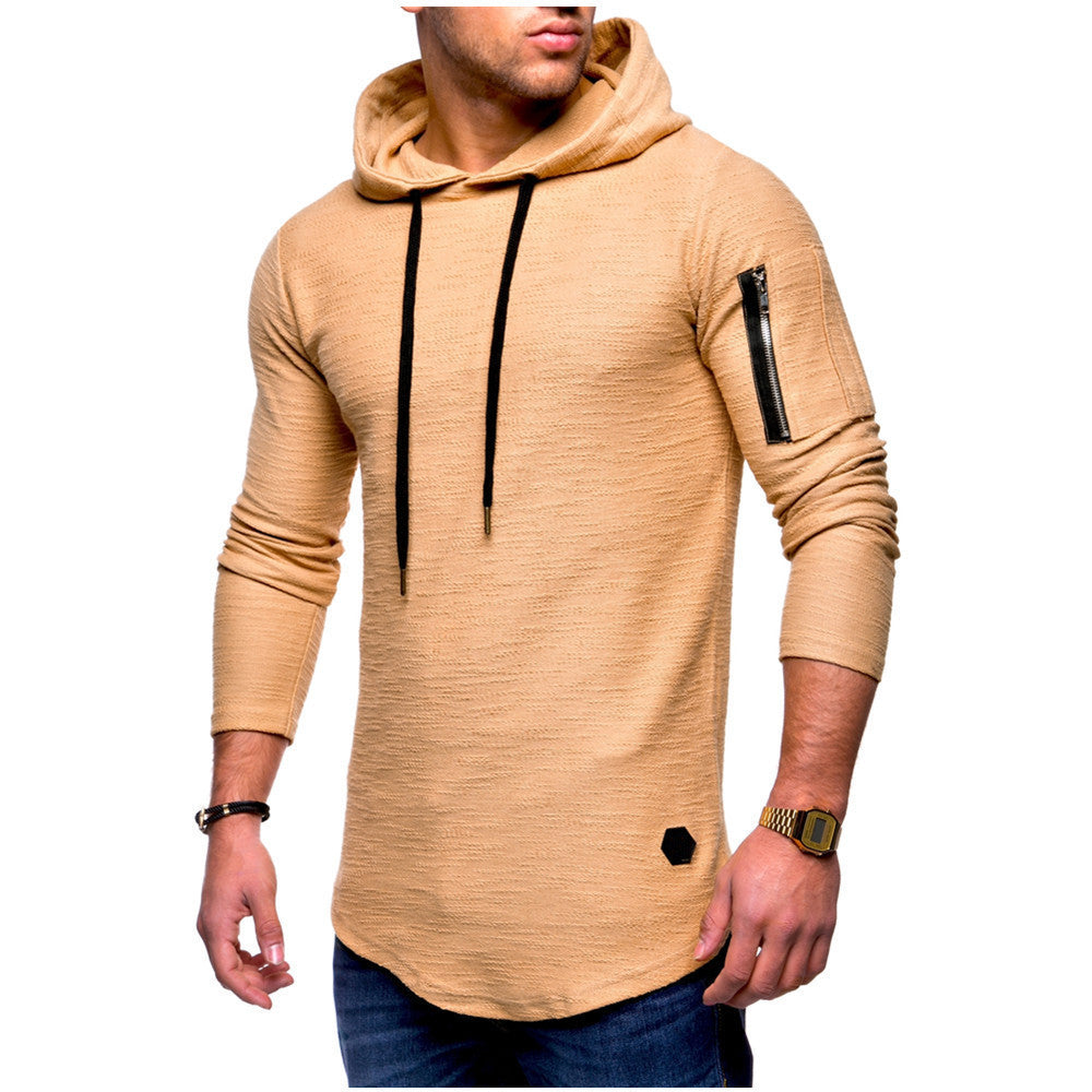 Solid color round neck hooded arm zipper stitching European and American long T-shirt