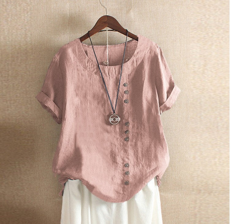 Retro Plus Size Casual Loose Cotton And Linen Short-sleeved Pullover T-shirt