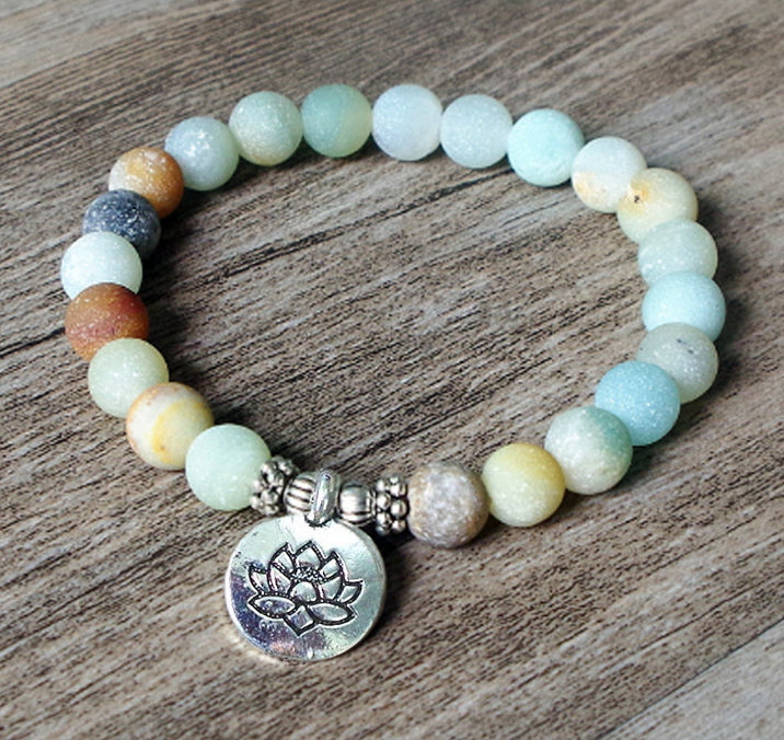 Matte Amazonite Stone Strand Bracelet Yoga Chakra Mala Bracelet OM Lotus Women Men Beaded Charm Bracelet Handmade Jewelry