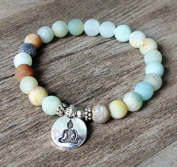 Matte Amazonite Stone Strand Bracelet Yoga Chakra Mala Bracelet OM Lotus Women Men Beaded Charm Bracelet Handmade Jewelry