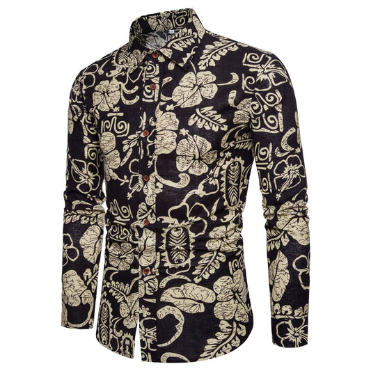 Men Long Sleeve Cotton Flower Shirt