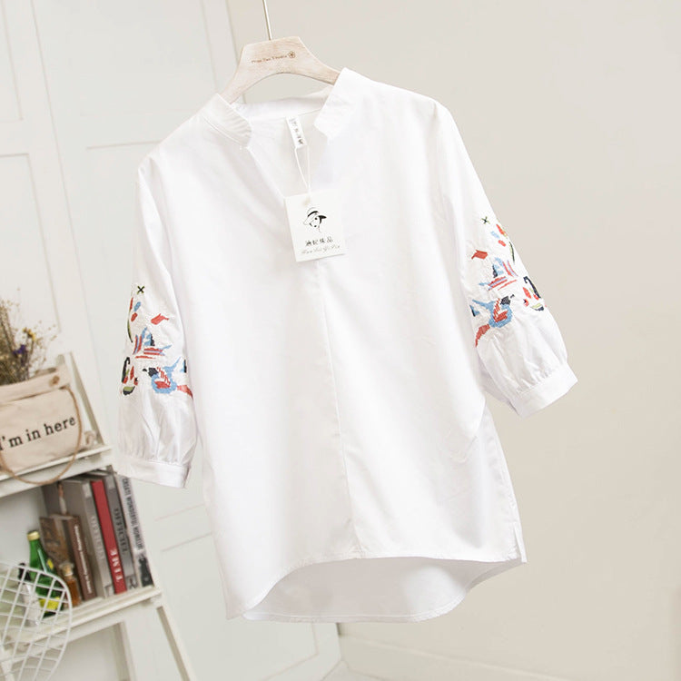 Oversized 3 4 Sleeve Loose V-Neck Embroidered Blouse