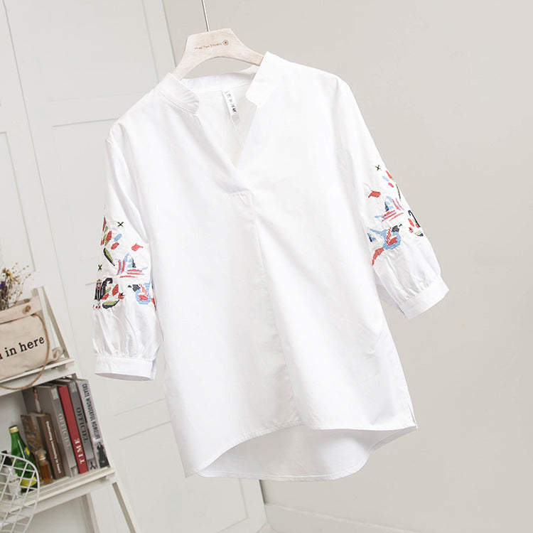 Oversized 3 4 Sleeve Loose V-Neck Embroidered Blouse