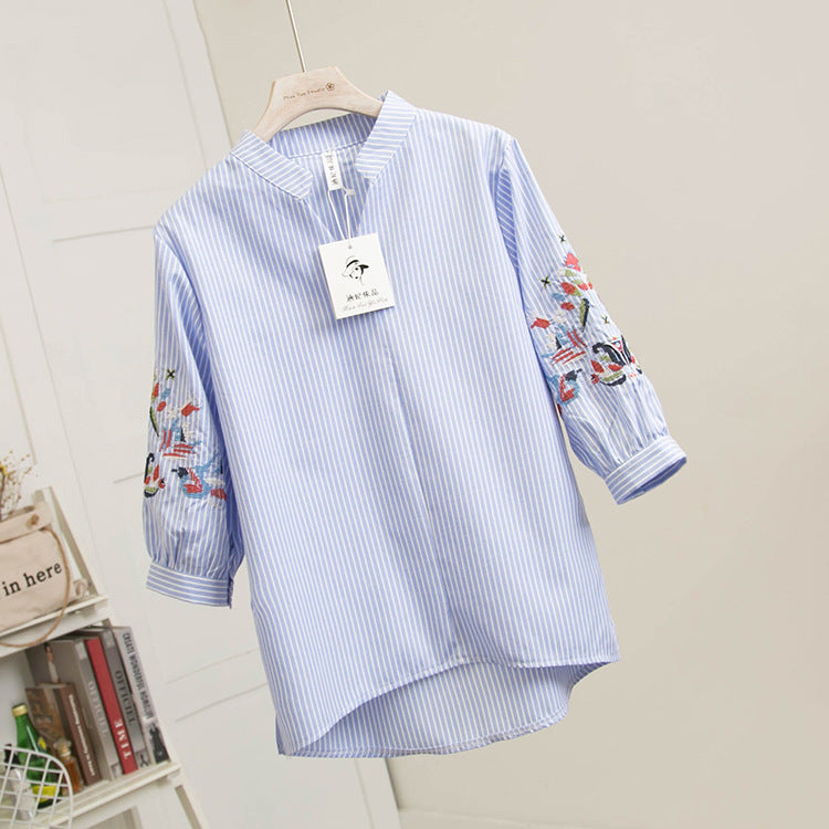 Oversized 3 4 Sleeve Loose V-Neck Embroidered Blouse