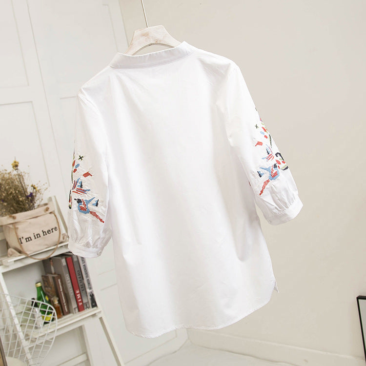 Oversized 3 4 Sleeve Loose V-Neck Embroidered Blouse