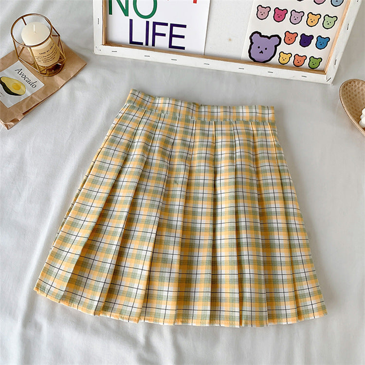 Candy Color Plaid All-Match Pleated Skirt