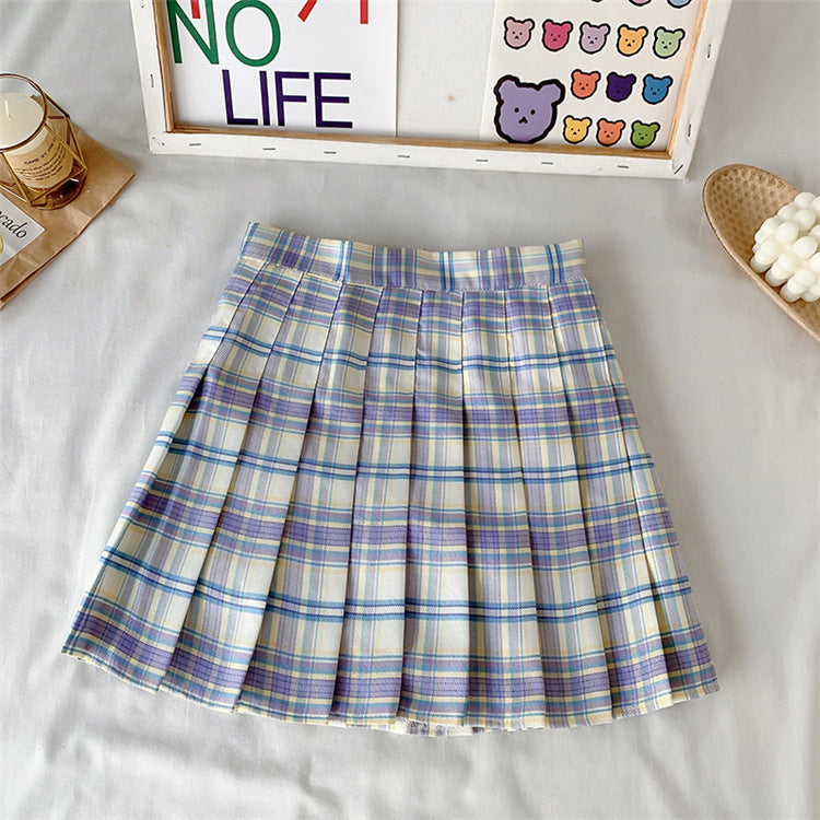 Candy Color Plaid All-Match Pleated Skirt