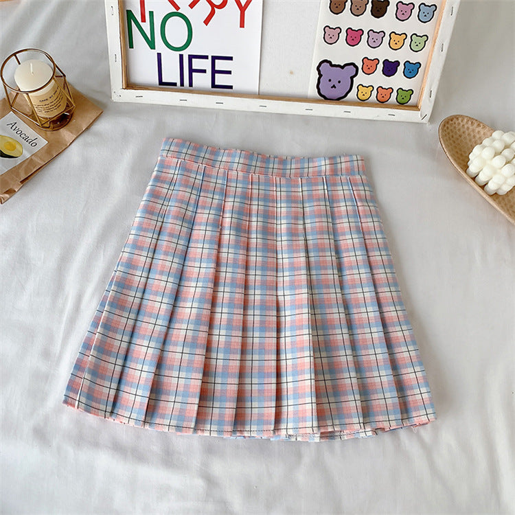 Candy Color Plaid All-Match Pleated Skirt