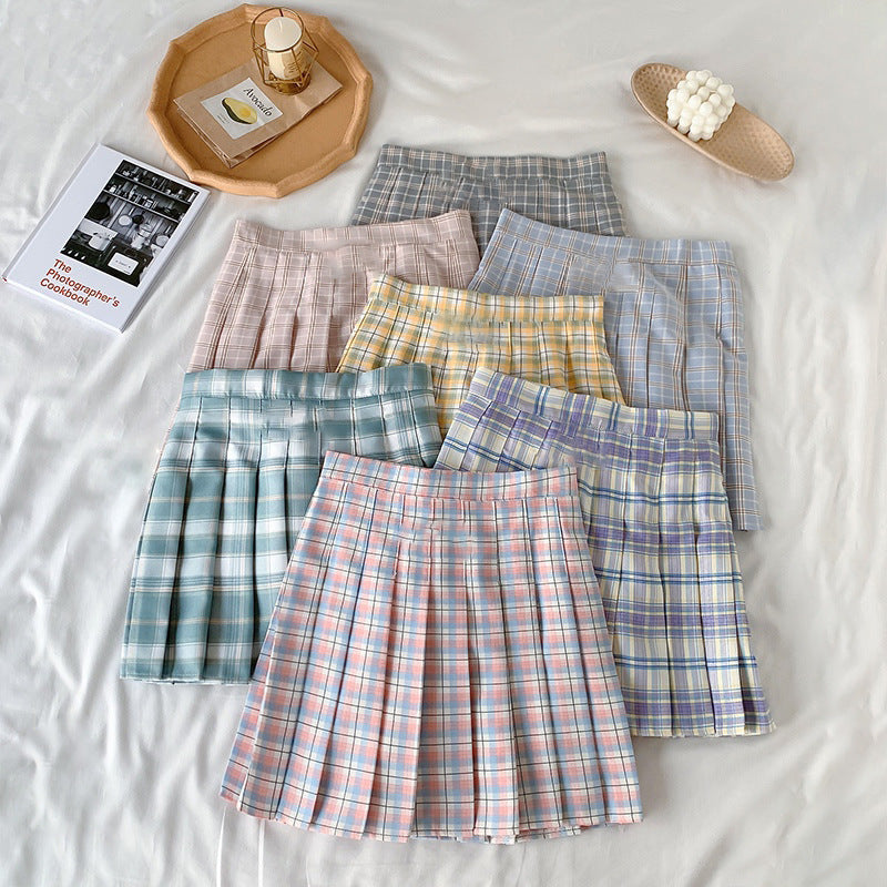 Candy Color Plaid All-Match Pleated Skirt