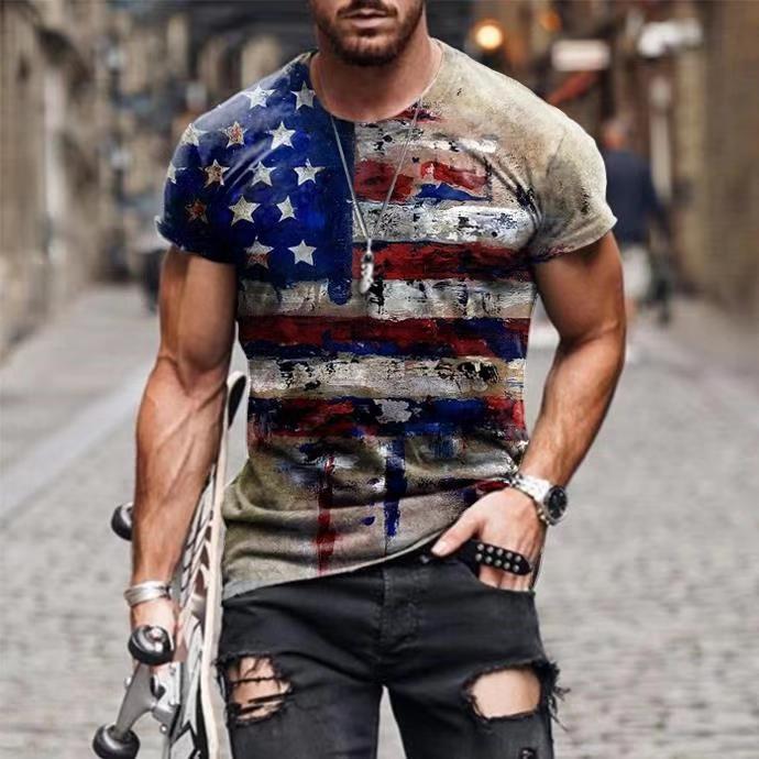 Vintage USA Flag Print O-Neck T Shirt Mens 2021 Summer Slim Short Sleeve Tees Pullover Casual Men Clothes Fashion Streetwear 3XL