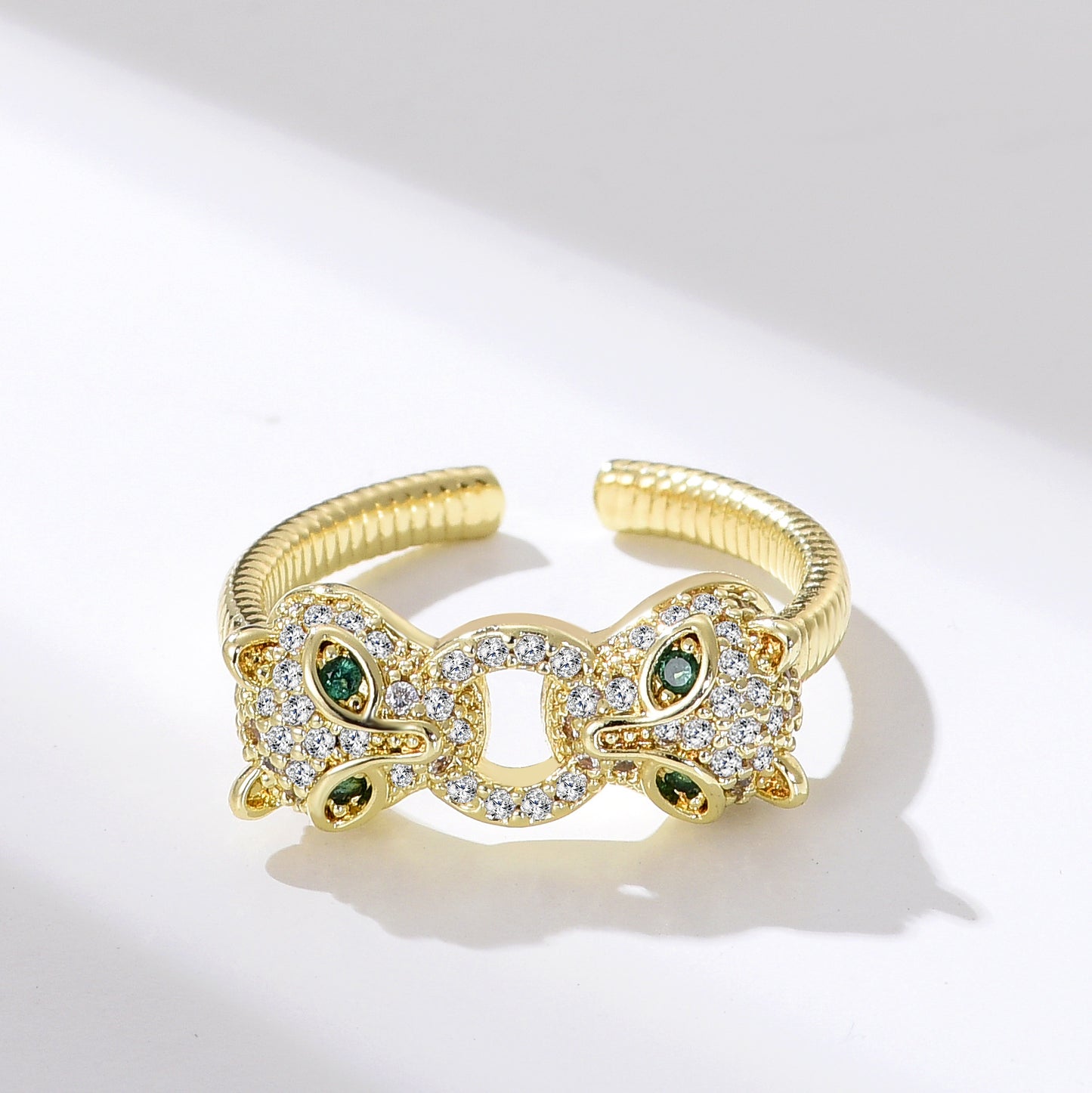 Zircon Double Panther Head Ring Popular Personality Hip-hop Pnunk Ring Cool Women Adjustable Leopard Finger Accessories