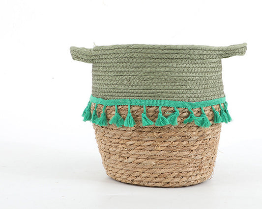 Nordic Simple Straw Flowerpot Woven Basket Portable Hand-Made Rattan Fringes Decorated Willow Flowerpot Set