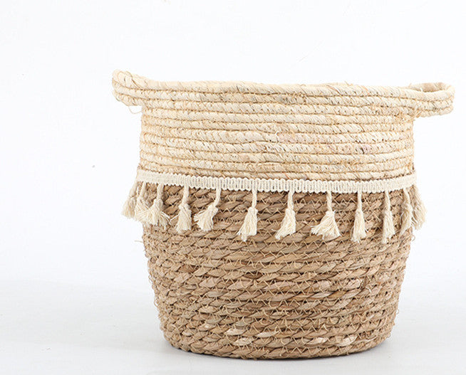 Nordic Simple Straw Flowerpot Woven Basket Portable Hand-Made Rattan Fringes Decorated Willow Flowerpot Set