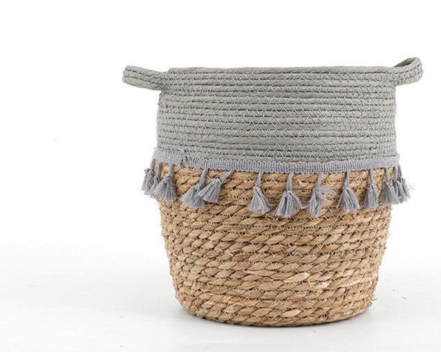Nordic Simple Straw Flowerpot Woven Basket Portable Hand-Made Rattan Fringes Decorated Willow Flowerpot Set