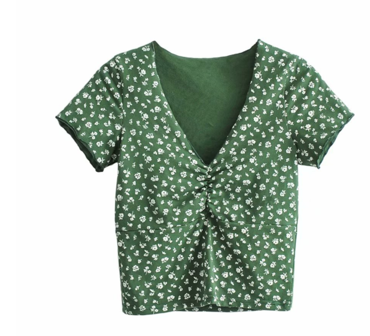 Small Floral Sexy V-neck Pleated Short-sleeved T-shirt