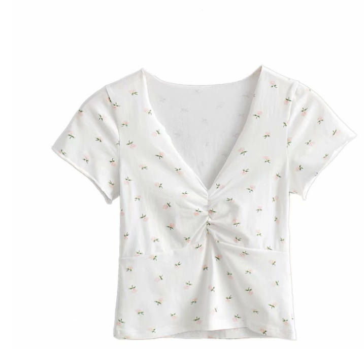 Small Floral Sexy V-neck Pleated Short-sleeved T-shirt