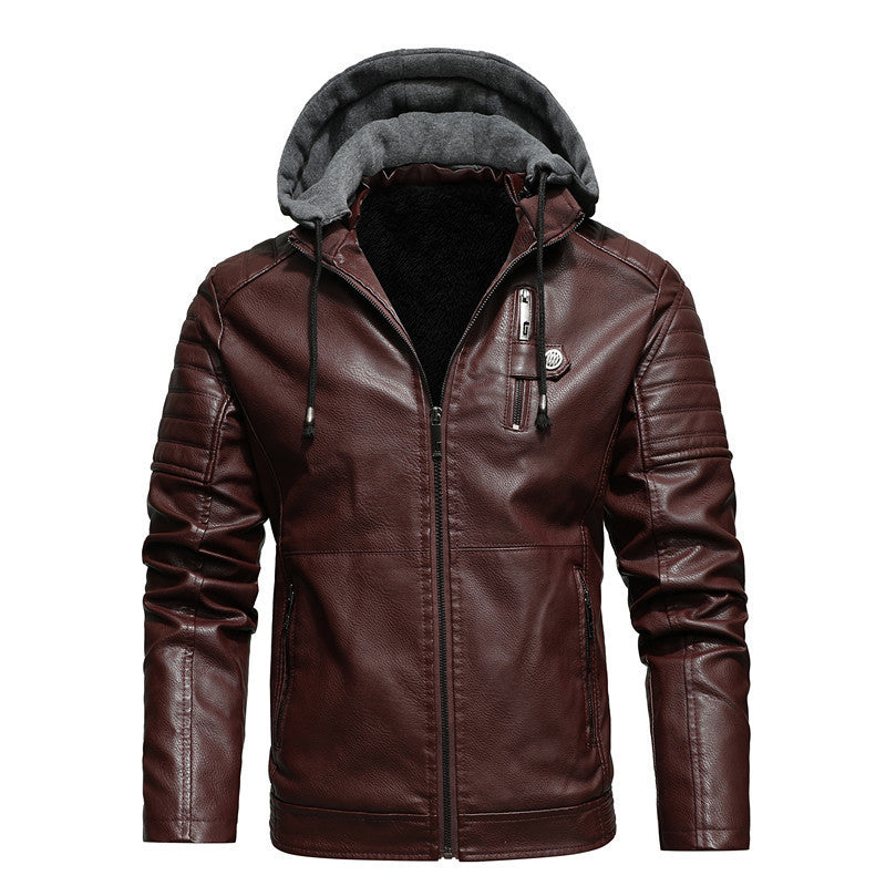 European And American Men's Hooded Fashion Plus Velvet Warm Leather Jacket