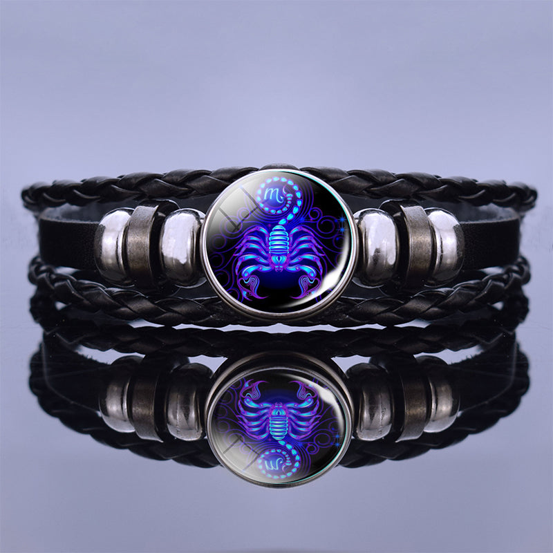 Luminous Twelve Constellation Couple Bracelet Imitation Black Leather Bracelet