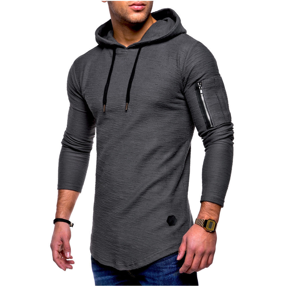 Solid color round neck hooded arm zipper stitching European and American long T-shirt