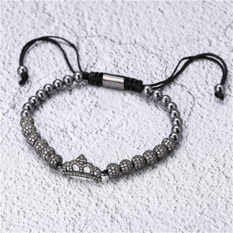 Cubic Micro Pave CZ Crown Charm & 4mm Round Beads Braided Macrame Men Bracelet