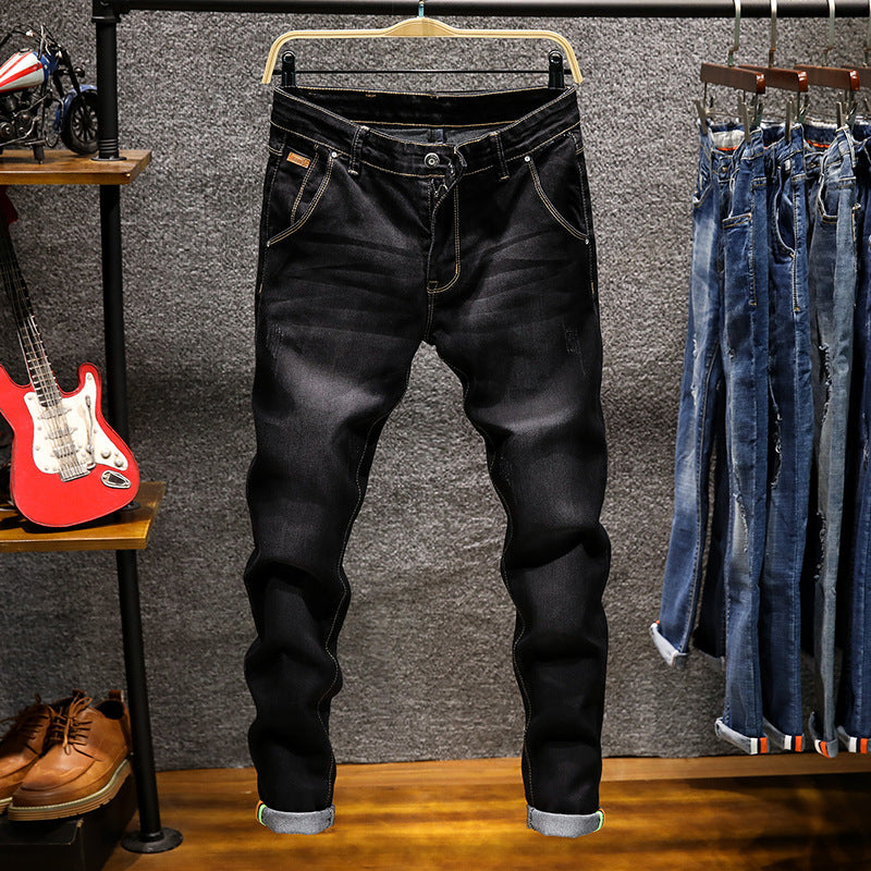 Men's Denim Trousers Solid Color Slim Casual Retro