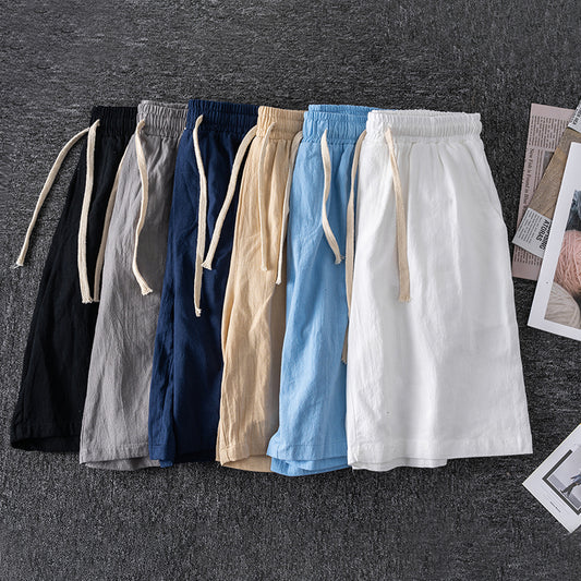 Cotton Line Shorts Men Summer Elastic Waist