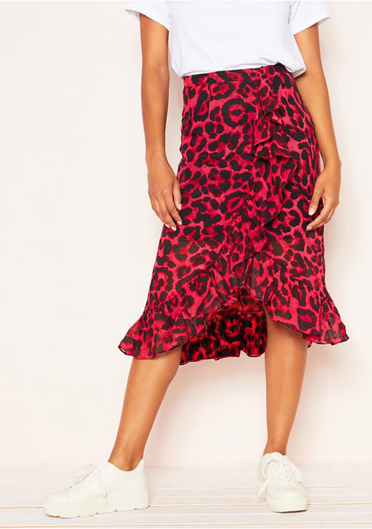 Mid-length red leopard chiffon skirt