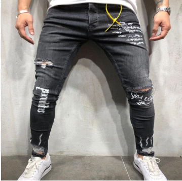 Broken hole printed English letter pants