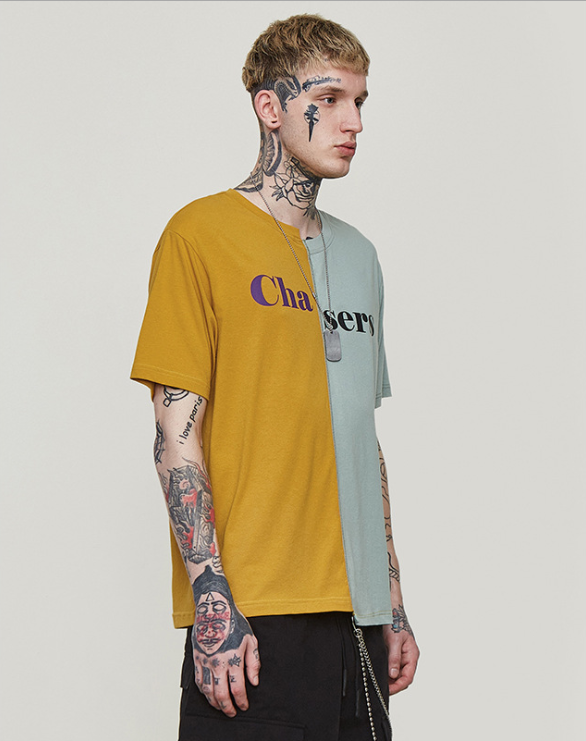 INF Men S Wear  Yellow Brand  New Spring And Summer 2009 Fashion Brand Asymmetrical Stitching Letter Printing