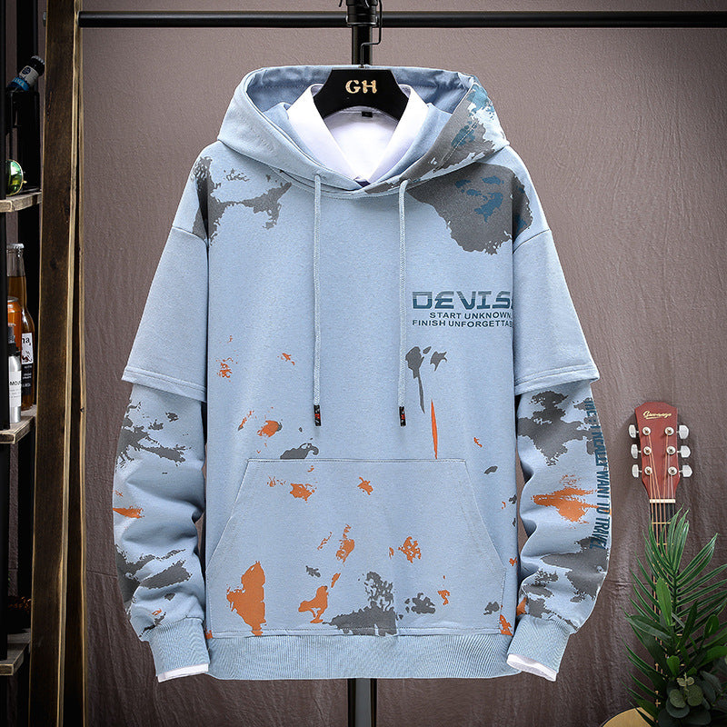 Printed Kangaroo Pocket Casual Sports Hooded Sweater Suit Men