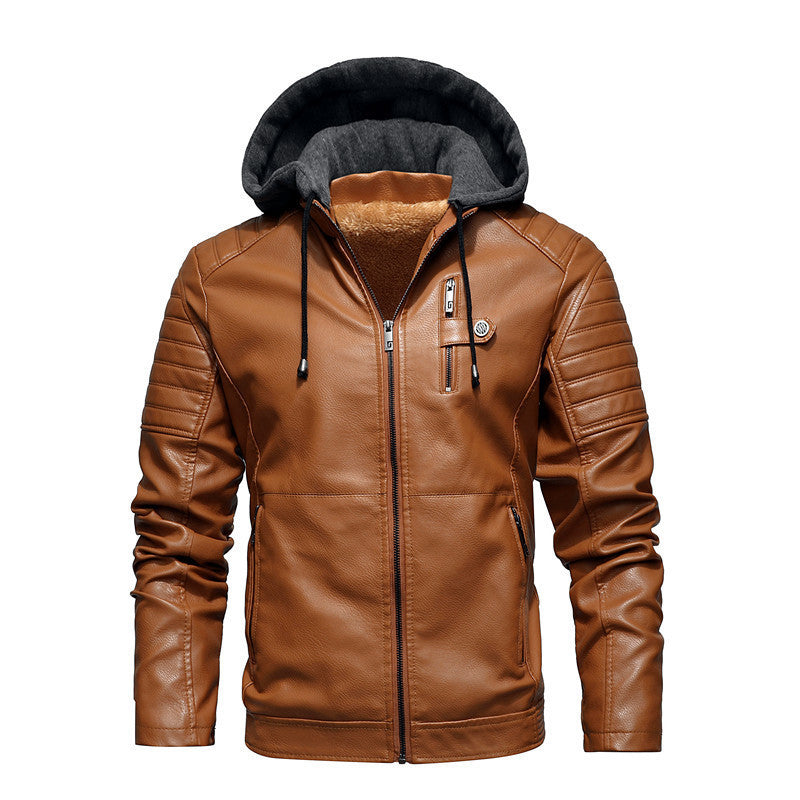 European And American Men's Hooded Fashion Plus Velvet Warm Leather Jacket