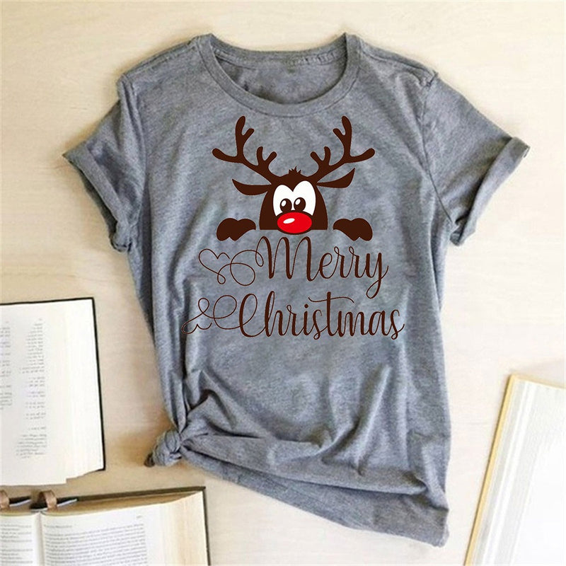 Ladies Fashion Elk Print T Shirt Short Sleeve