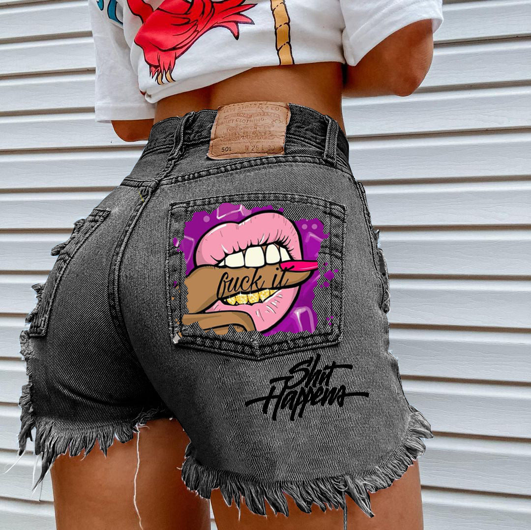 Mouth Biting Finger Print Fashion Ripped Denim Shorts