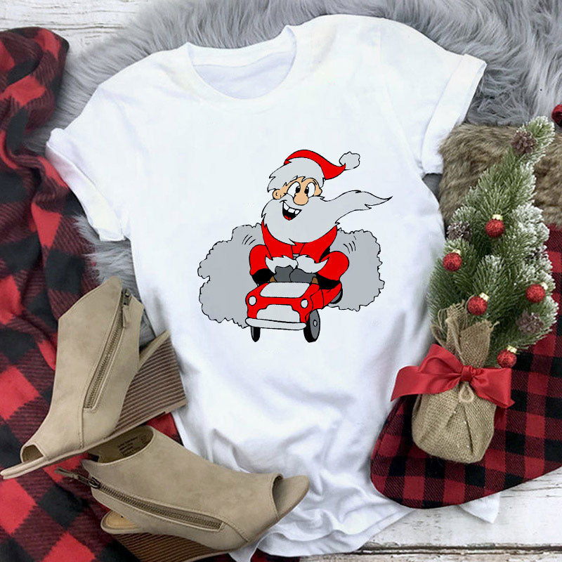 Christmas Lady Short-sleeved T-shirt Cartoon Santa Claus Print Street Casual T-shirt