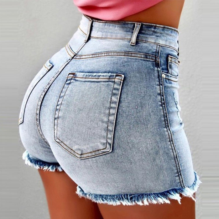 Women's Denim Shorts Fringed Hole High Waist Hot Pants