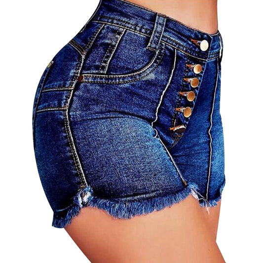 High-waisted dark blue hot pants with frayed edges