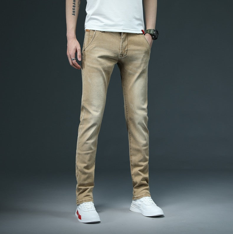 Men's Denim Trousers Solid Color Slim Casual Retro