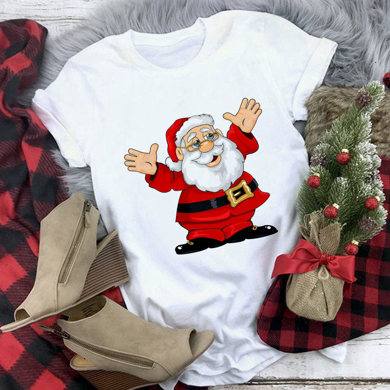 Christmas Lady Short-sleeved T-shirt Cartoon Santa Claus Print Street Casual T-shirt