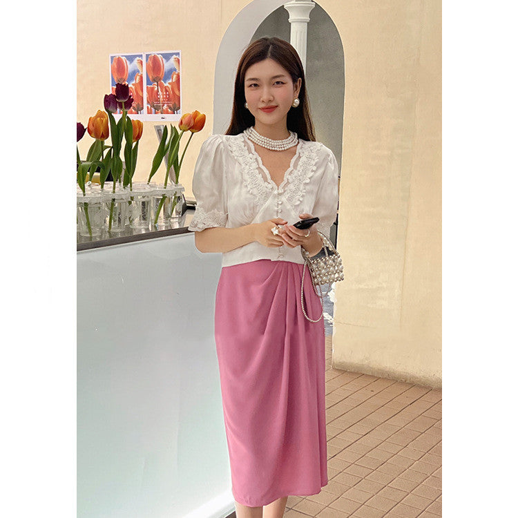 Women's High Waist Mid Length Solid Color Skirt