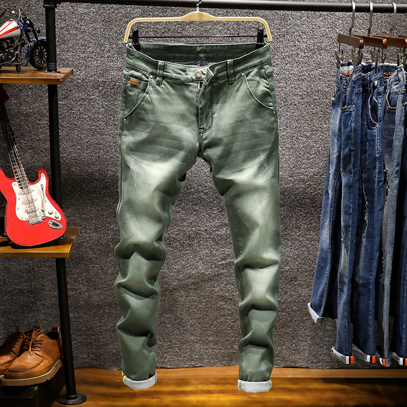 Men's Denim Trousers Solid Color Slim Casual Retro