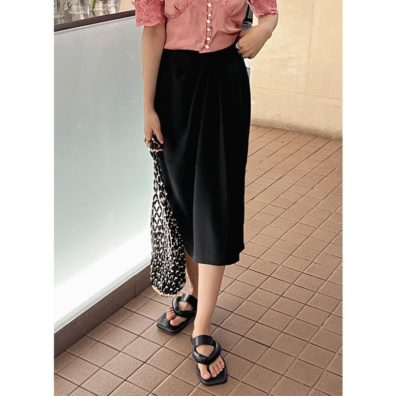 Women's High Waist Mid Length Solid Color Skirt