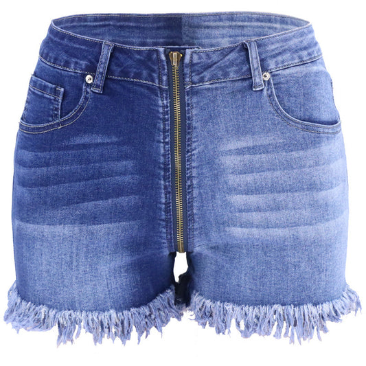 Yin And Yang Color Long Zipper Summer Slim High Waist Denim Shorts