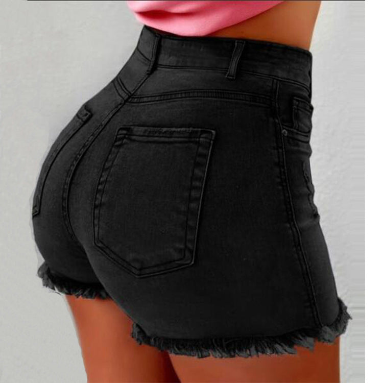 Women's Denim Shorts Fringed Hole High Waist Hot Pants