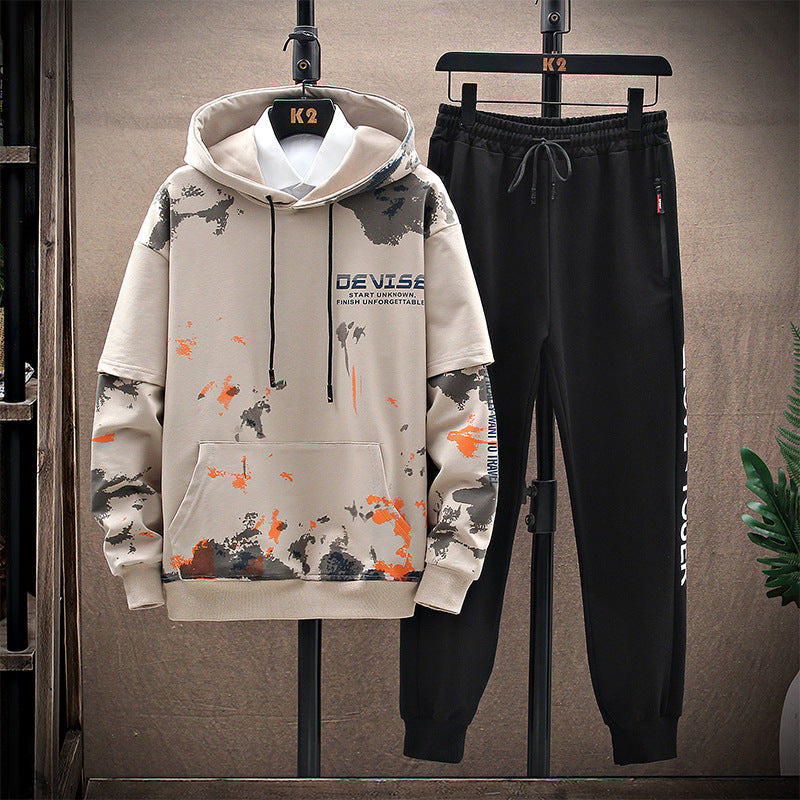 Printed Kangaroo Pocket Casual Sports Hooded Sweater Suit Men