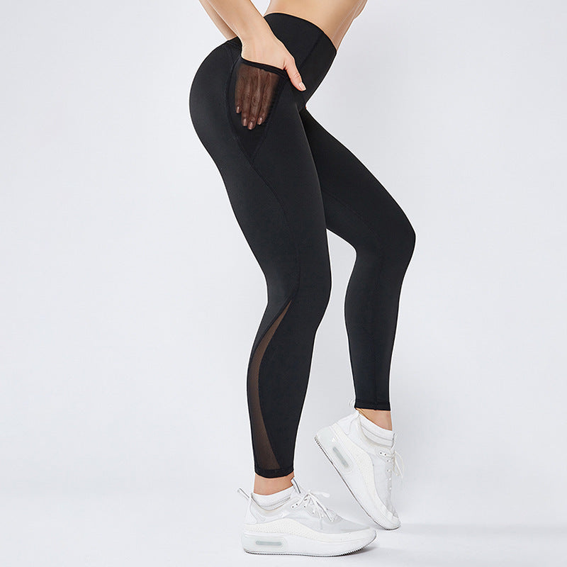 Mesh Stitching Nude Nylon High Waist Hip-lifting Sports Trousers Yoga Pants Ankle-length Pants