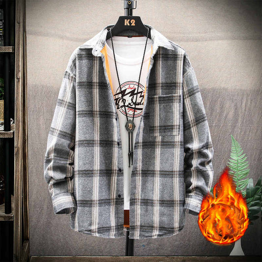 Plaid Shirt Men's Autumn And Winter Plus Velvet Thick And Loose