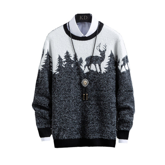 Men's Knit Sweater Round Neck Pullover Jacquard Sweater